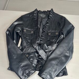Dollhouse Black Faux Leather Ruffled Belted Jacket